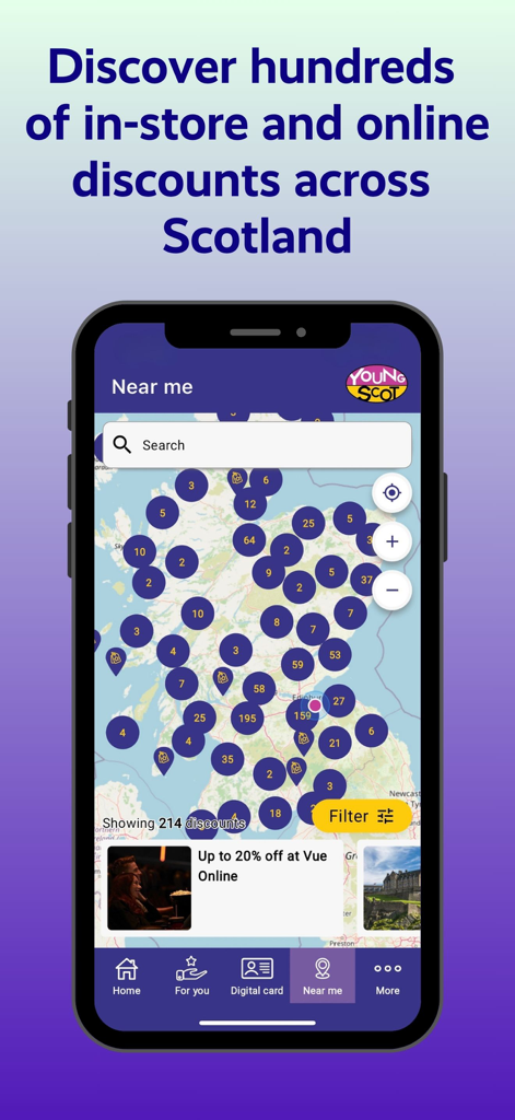 Young Scot - A smartphone screen displaying the Young Scot app Near Me map feature showing local discounts across Scotland.