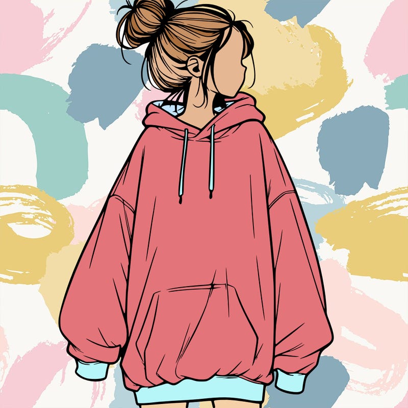 realistic girl with a oversized sweatshirt on and a bun
