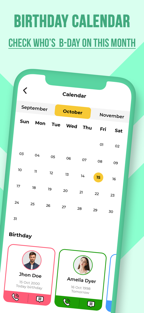 Interfaz de la aplicación móvil que muestra un calendario mensual de cumpleaños con fechas resaltadas y próximas notificaciones de cumpleaños para contactos