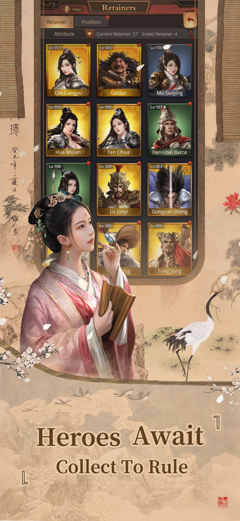 Un écran de menu de Be The King montrant diverses cartes de héros et dignitaires à collectionner, avec une belle femme en costume traditionnel au premier plan