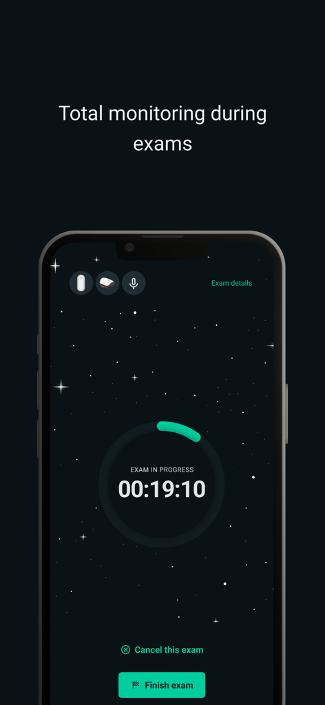 Biologix - Biologix app screen showing a sleep exam in progress with a timer and active monitoring icons for sensor and audio