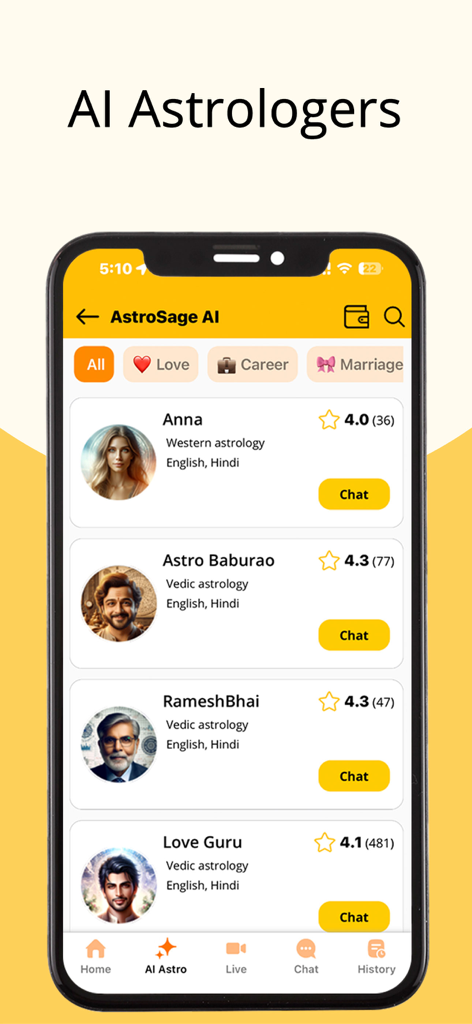 AstroSage Kundli: AI Astrology - Mobile screen showing a list of AI astrologers for chat consultations on topics like love and career