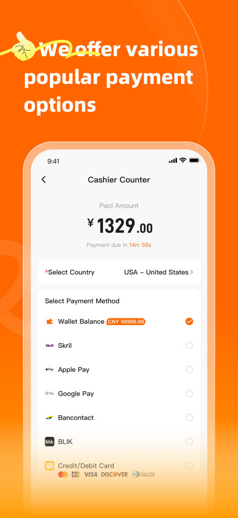 iTaoBuy - iTaoBuy mobile app cashier counter screen showing international payment options including Apple Pay and credit cards