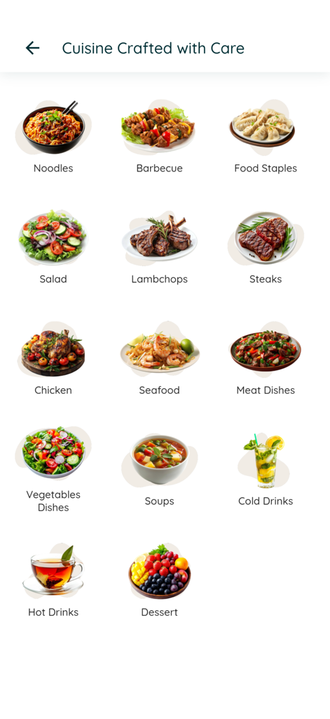 Uyghur Cuisine - Menu categories screen showing various food options like noodles barbecue and steaks in the Uyghur Cuisine app