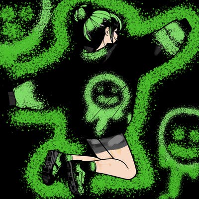 realistic girl jumping with a bun and oversized sweatshirt