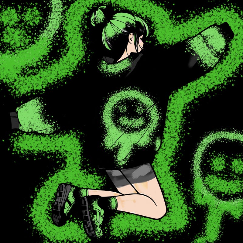 realistic girl jumping with a bun and oversized sweatshirt