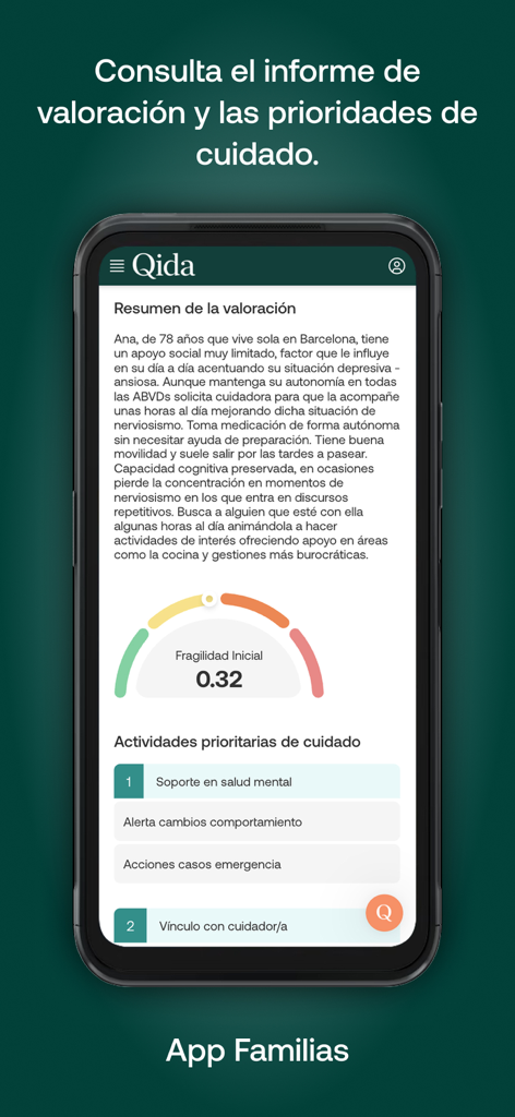 Qida Familias - Screenshot dell'app Qida Familias che mostra un riepilogo di un rapporto di valutazione del caregiver, un indicatore di punteggio di fragilità e un elenco di attività di cura prioritarie.
