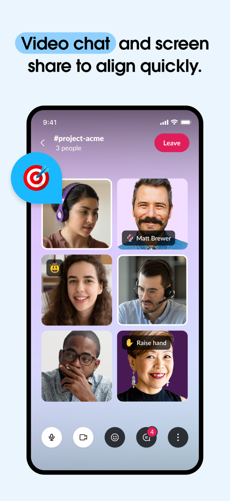 A screenshot of the Slack mobile app showing a group video call with several team members in a grid layout.