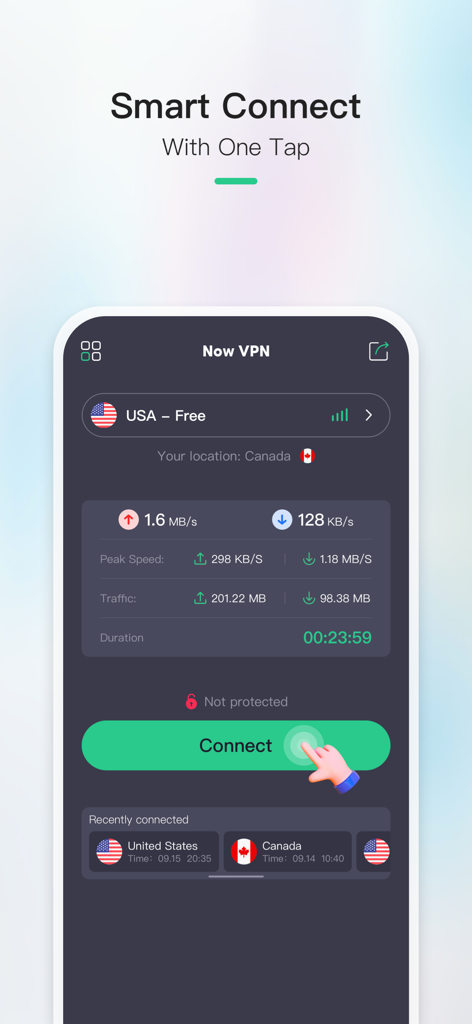 Now VPN app interface showing the smart connect one tap button and connection statistics