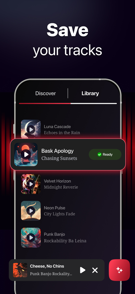 Eine mobile Benutzeroberfläche der App KI-Songgenerator, die eine Bibliothek gespeicherter Musik-Tracks mit Cover-Art und einer Wiedergabebar am unteren Rand zeigt.