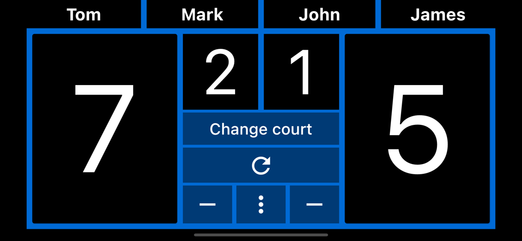 Ping-Pong Scoreboard - Ping Pong Scoreboard app interface showing a doubles match with scores seven to five