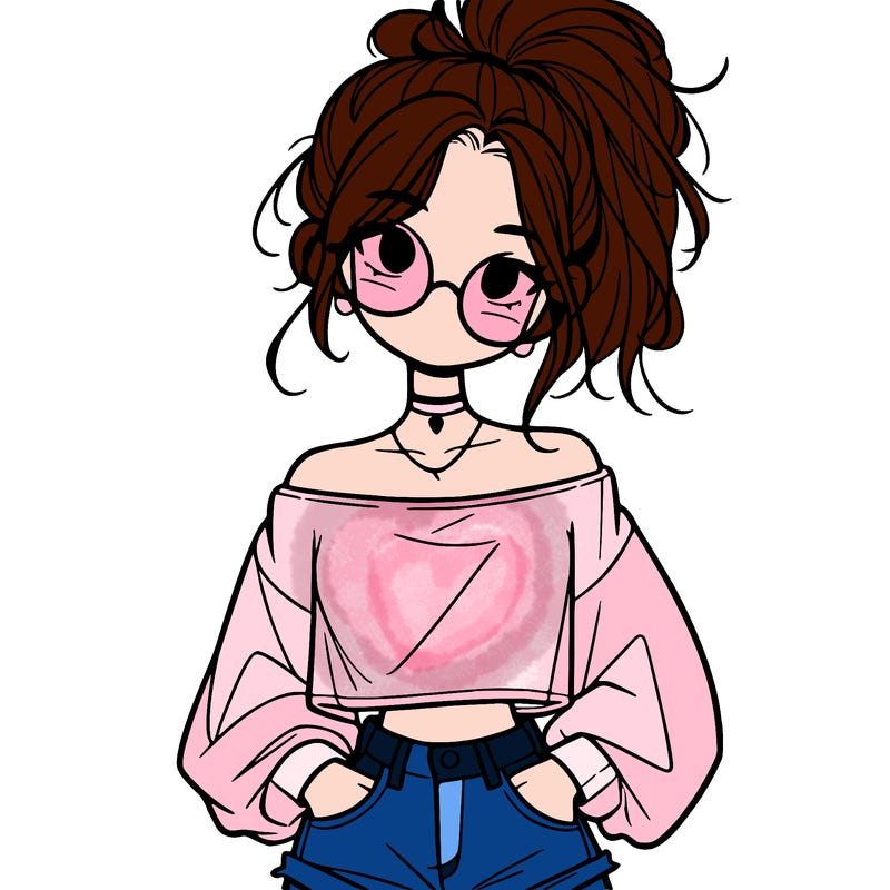 girl with a messy ponytail glasses a baggy crop top and jean shorts
