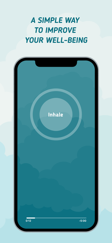 Guided breathing exercise screen showing inhale prompt in the Breah app