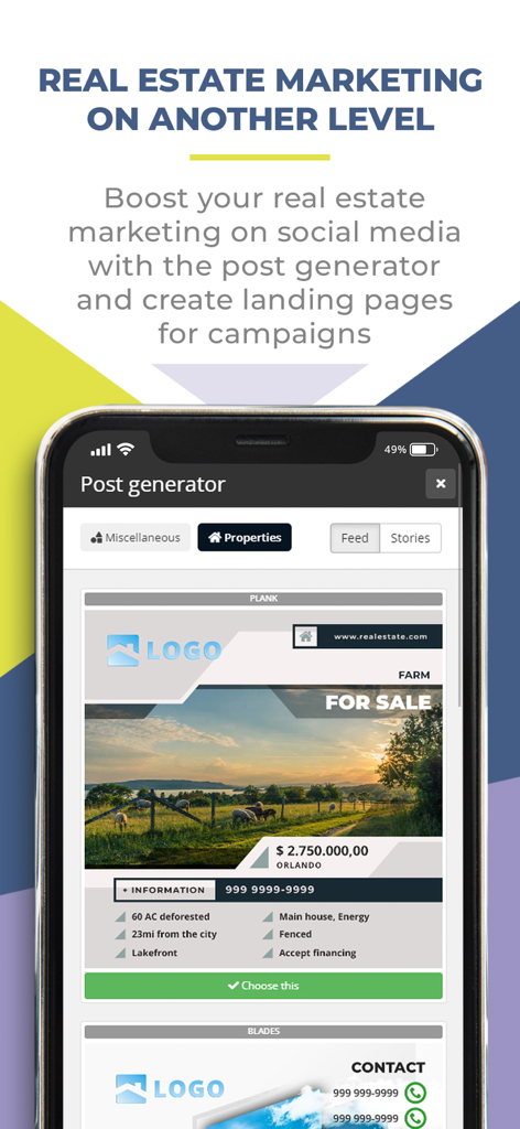 CRM 49 - CRM 49 app interface showing a social media post generator for real estate listings with a property template for Orlando