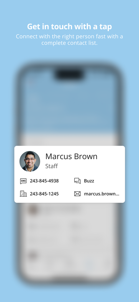 A detailed employee contact card within the Domo app interface showing various communication options