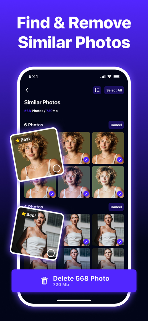 Storage Cleaner-Phone Cleaner - Interfaz de la aplicación Storage Cleaner que muestra cómo identificar y eliminar fotos similares para liberar espacio en el iPhone