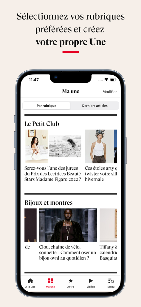 Interface de l'application Madame Figaro présentant le fil d'actualités personnalisé appelé Ma Une, avec des articles sur la mode et les bijoux
