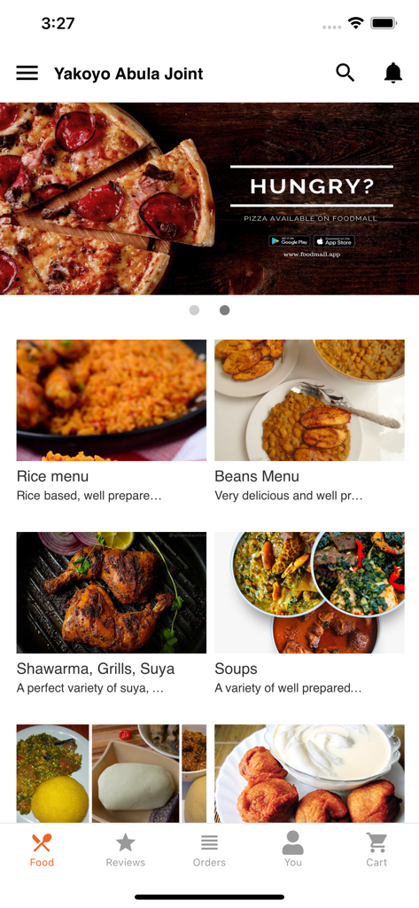 Yakoyo Abula Joint - Yakoyo Abula Joint mobile app screen displaying a menu of traditional Nigerian food categories including rice, beans, and soups
