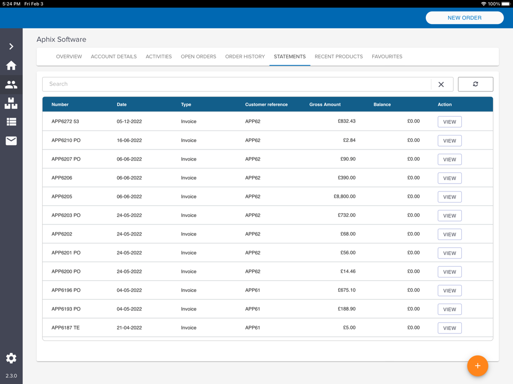 SalesRep by Aphix - Interface of the SalesRep by Aphix app displaying customer statements and invoice history