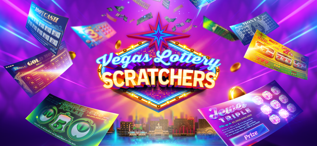 Vegas Lottery Scratchers - Cartel del título Vegas Lottery Scratchers rodeado de varios boletos de lotería virtuales coloridos y monedas de oro sobre un fondo de horizonte urbano