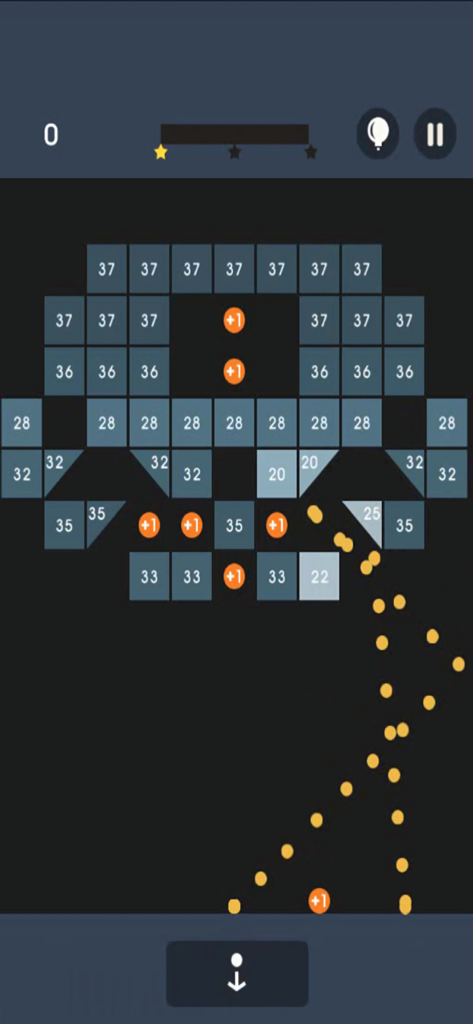 Bricks Breaker Puzzle gameplay screen showing yellow balls hitting numbered bricks
