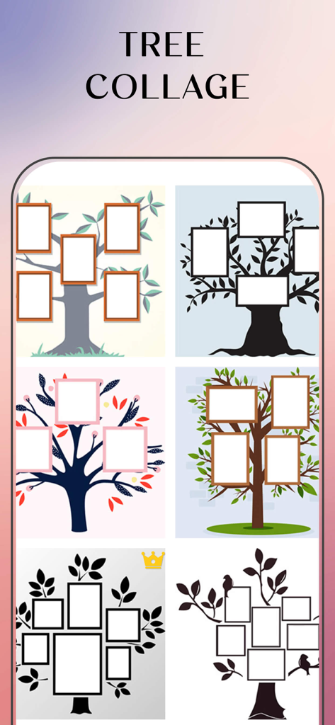 A variety of family tree collage designs showing different artistic tree styles and photo frame placements.