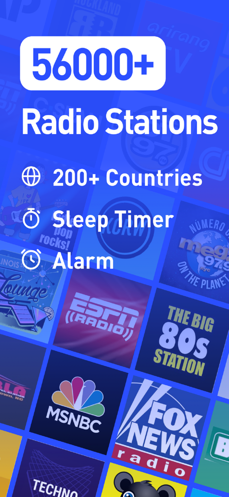 FM Radio - Local Radio - FM Radio app interface showing over 56000 stations from 200 countries with sleep timer and alarm features