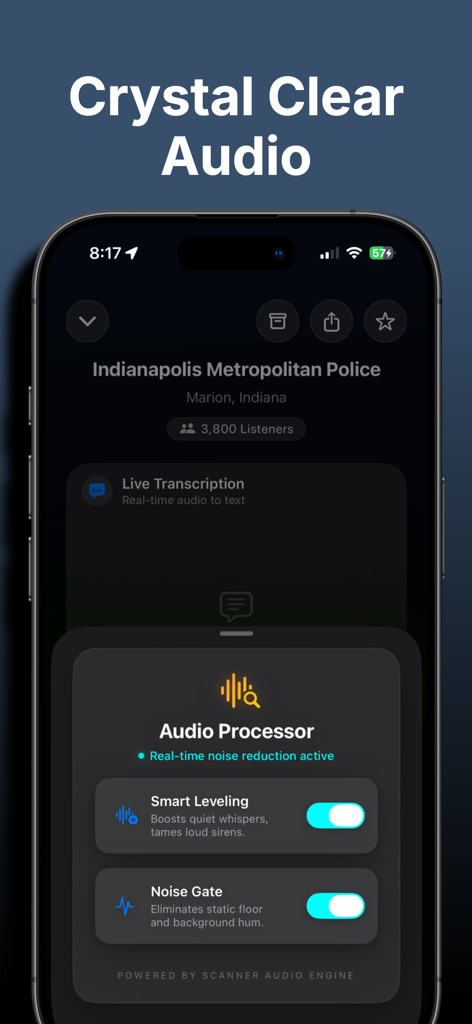 Police Scanner: Crime Radar - Pantalla de ajustes de la aplicación Escáner Policial que destaca las funciones del procesador de audio como Nivelación Inteligente y Puerta de Ruido.