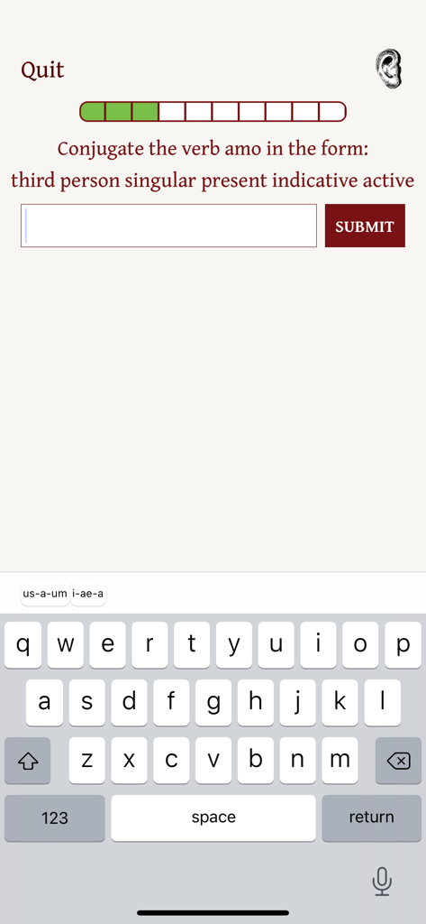 Vice Verba - Un exercice de conjugaison de verbes latins dans l'application Vice Verba demandant à l'utilisateur de conjuguer le verbe 'amo' à la troisième personne du singulier de l'indicatif présent actif.