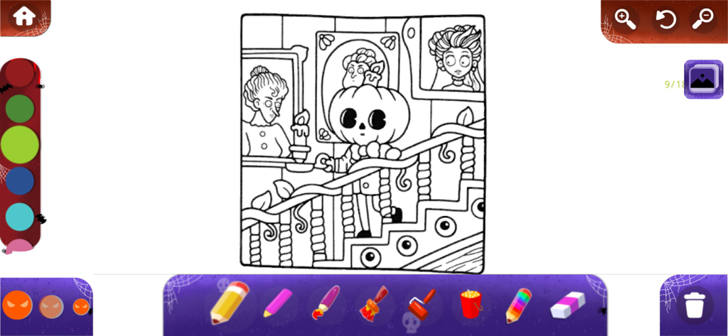 Bobbie Goods Art Coloring Book - Uma interface de livro de colorir digital mostrando um personagem com cabeça de abóbora em uma escada dentro de uma mansão assustadora com ferramentas de arte abaixo.