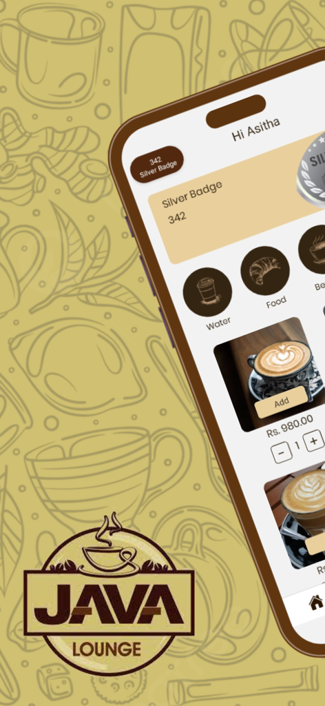 Java Lounge mobile app screen showing loyalty rewards badge and coffee menu