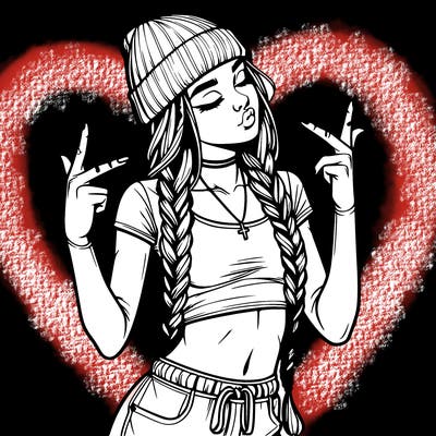 realistic teenage girl with braids and a beanie and crop top doing 🫶🏼