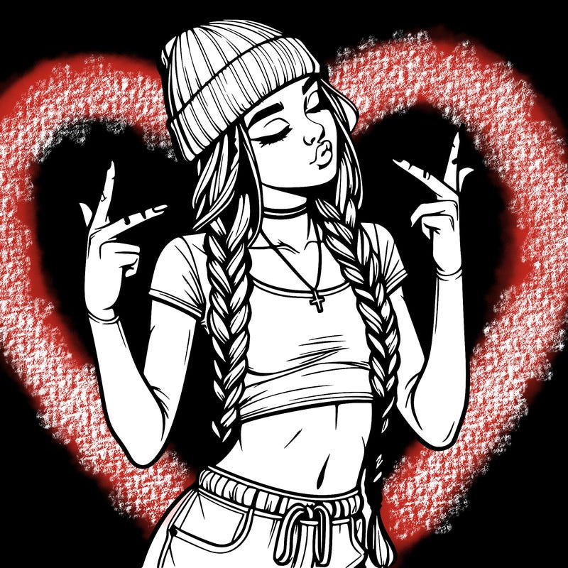 realistic teenage girl with braids and a beanie and crop top doing 🫶🏼
