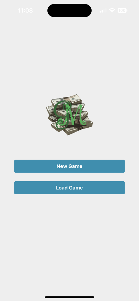Game Money - The home screen of the Game Money app featuring a logo of stacked cash and buttons to start a new game or load a previous game