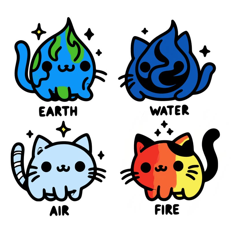 4 cats that represent the different elements, earth, water, air, and fire