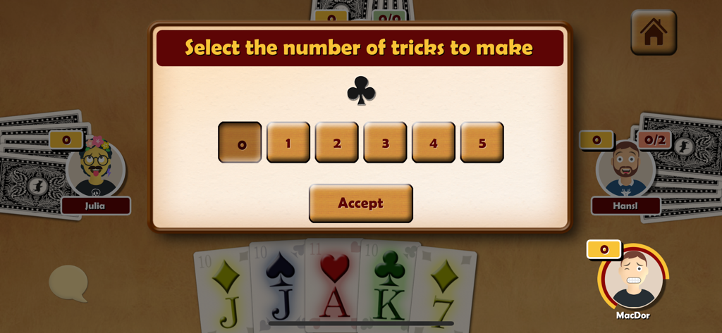 Oh Hell Online - The trick bidding interface in the Oh Hell Online card game showing player hand and selection buttons