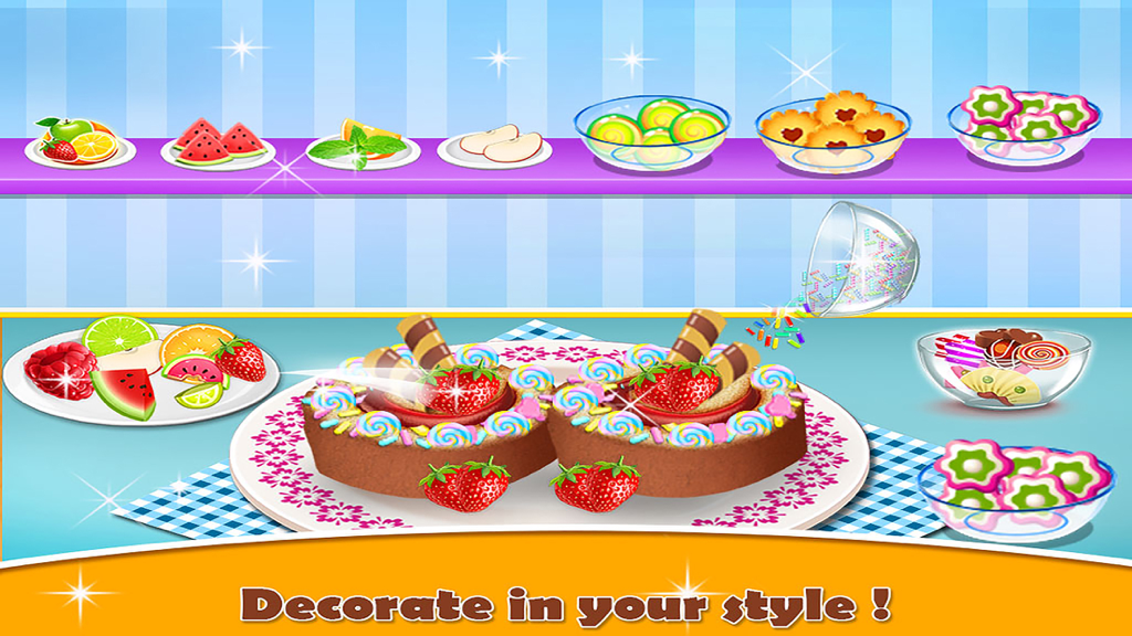 子供向けベーキングゲームで、イチゴとスプリンクルで飾られた2つのチョコレートスイスロールケーキ