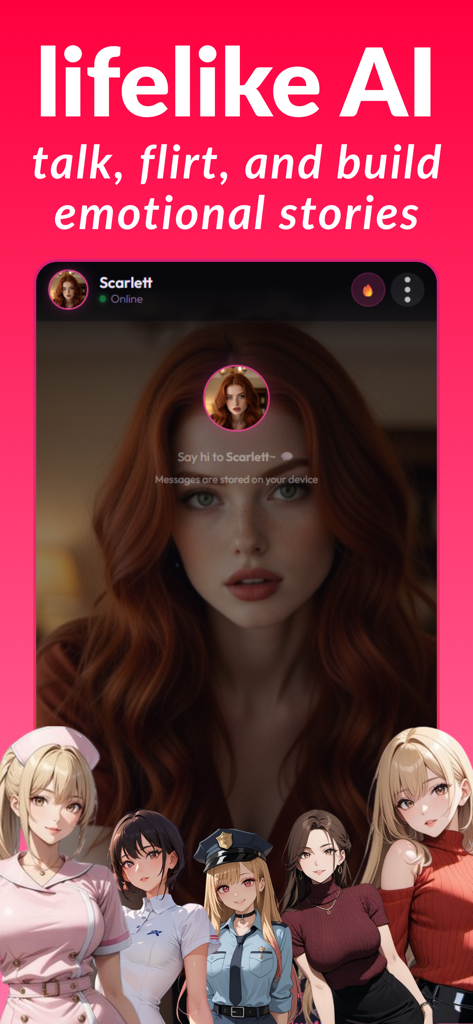 Ourdream: AI Companion - Ourdream AI companion app interface showing a realistic red haired character and various anime style avatars