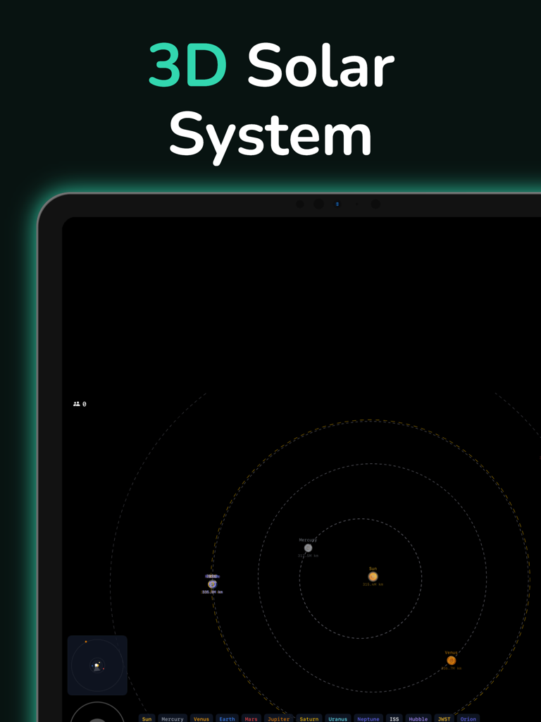 ArtemisLive - Um iPad exibindo o aplicativo ArtemisLive com um mapa 3D do sistema solar mostrando as órbitas planetárias ao redor do sol com base em dados reais da NASA JPL.