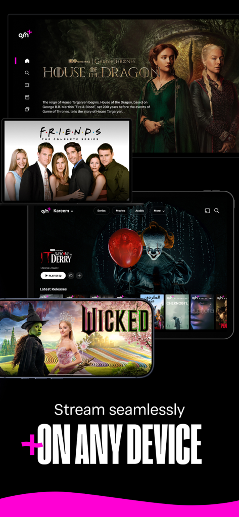 OSN plus app interface showing popular movies and series across multiple devices like TV tablet and phone