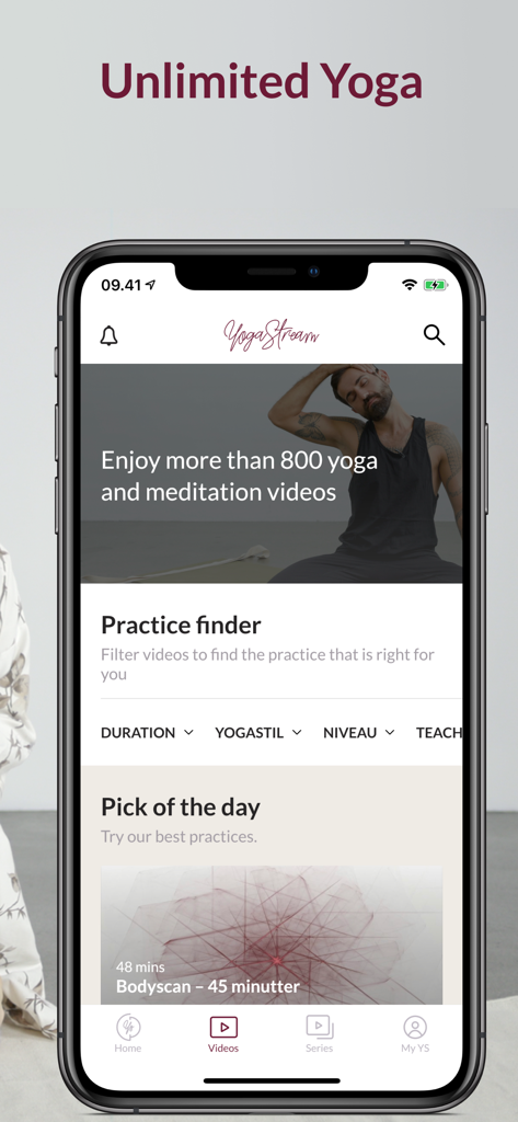 YogaStream app screen displaying a wide range of yoga and meditation videos with a practice finder