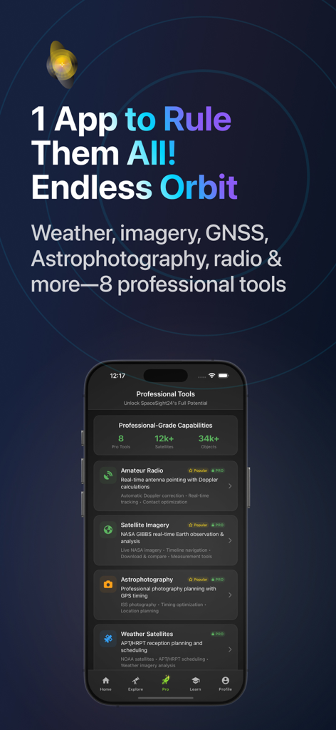SpaceSight24 ISS & Starlink - A smartphone screen displaying professional tools in the SpaceSight24 app for satellite tracking and amateur radio