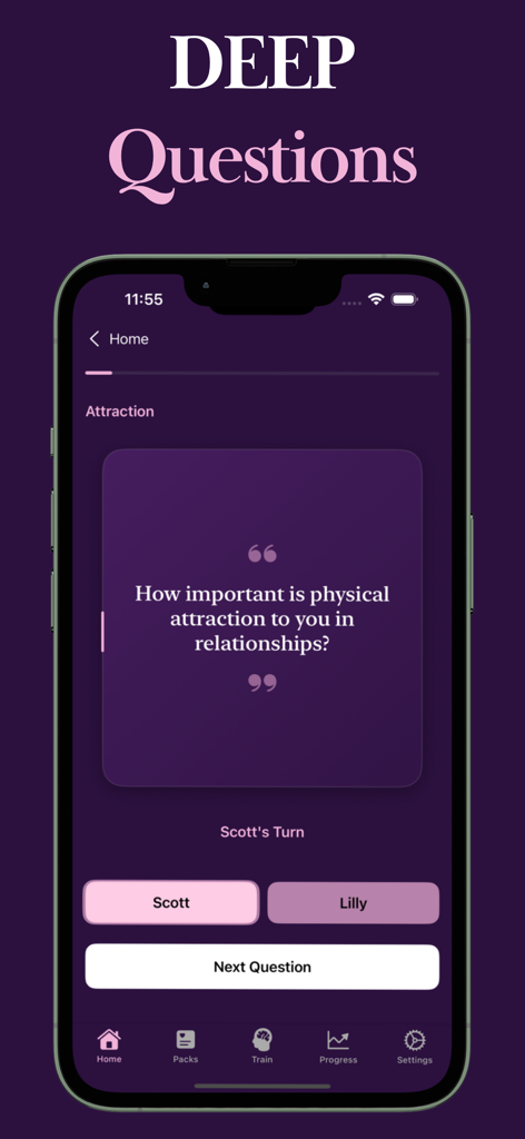 Couples Questions by Evermore - Interfaz de la app Evermore mostrando un iniciador de conversación profunda sobre la atracción física para parejas.