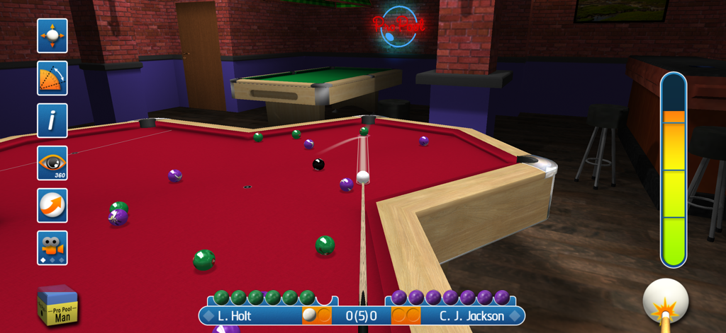 Pro Pool 2026 gameplay on a red L-shaped pool table in a 3D bar setting.