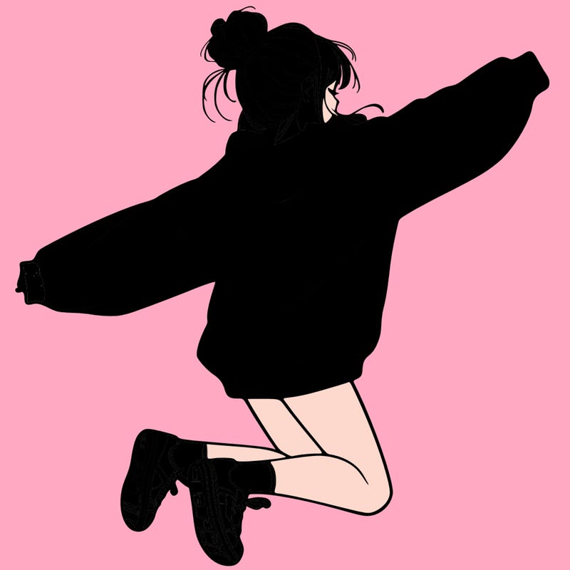 realistic girl jumping with a bun and oversized sweatshirt