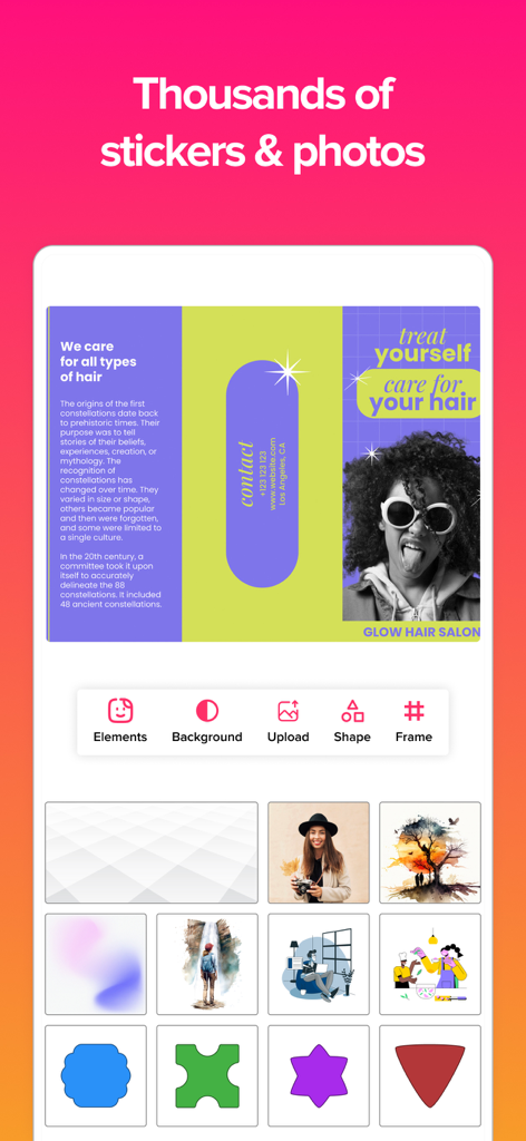 Interfaz de la aplicación creadora de folletos que muestra una variedad de pegatinas y fotos para el diseño de dípticos personalizados