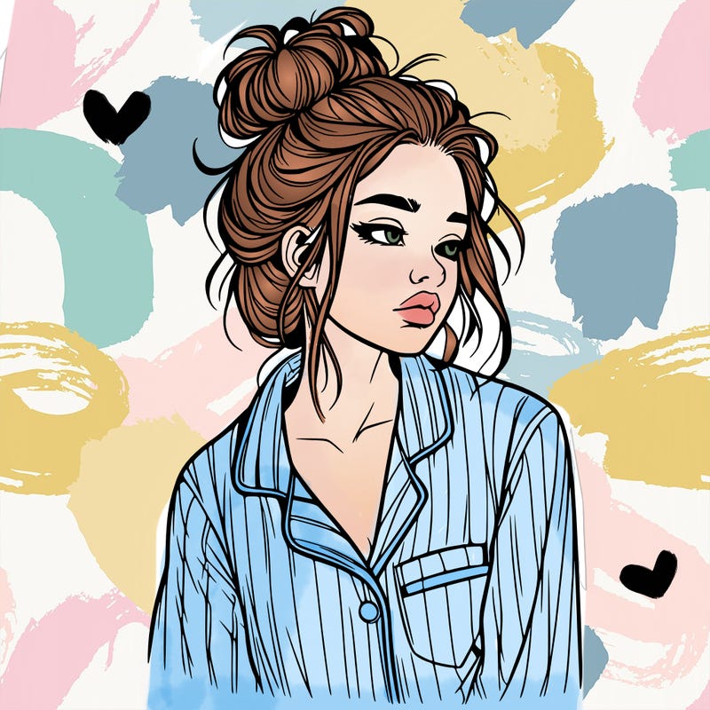 realistic woman with pajamas on and a messy bun