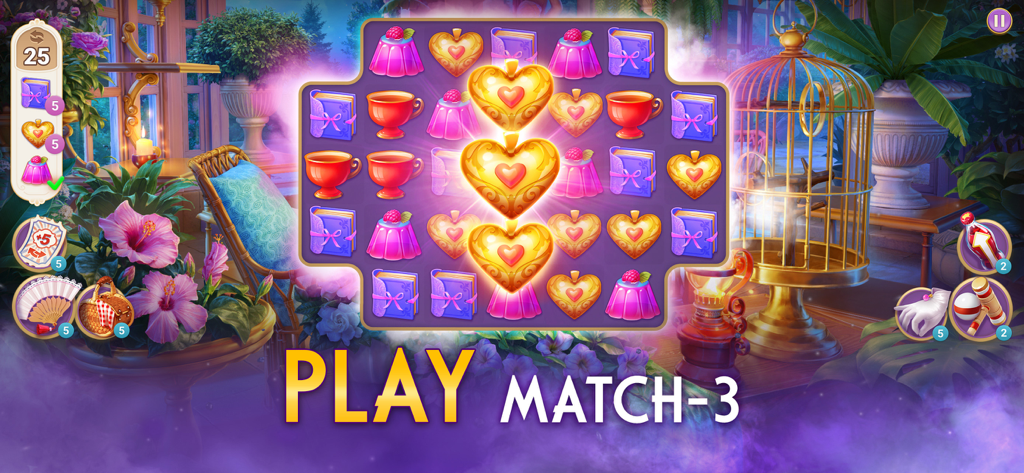 Twilight Land: Hidden Objects - Un tablero de puzzle match-3 en Twilight Land con corazones dorados y libros morados sobre un interior vintage con flores de hibisco.