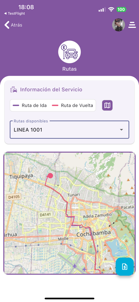 Interfaz de rutas de tránsito y mapa en la aplicación móvil Innova Cochabamba