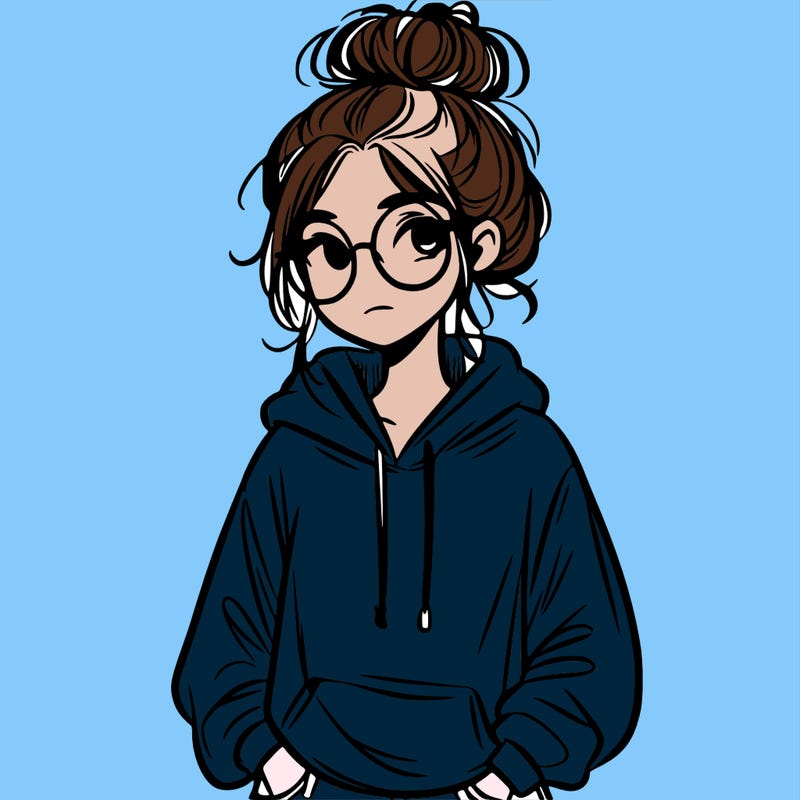teen girl with a messy bun and glasses wearing a loose hoodie and jeans